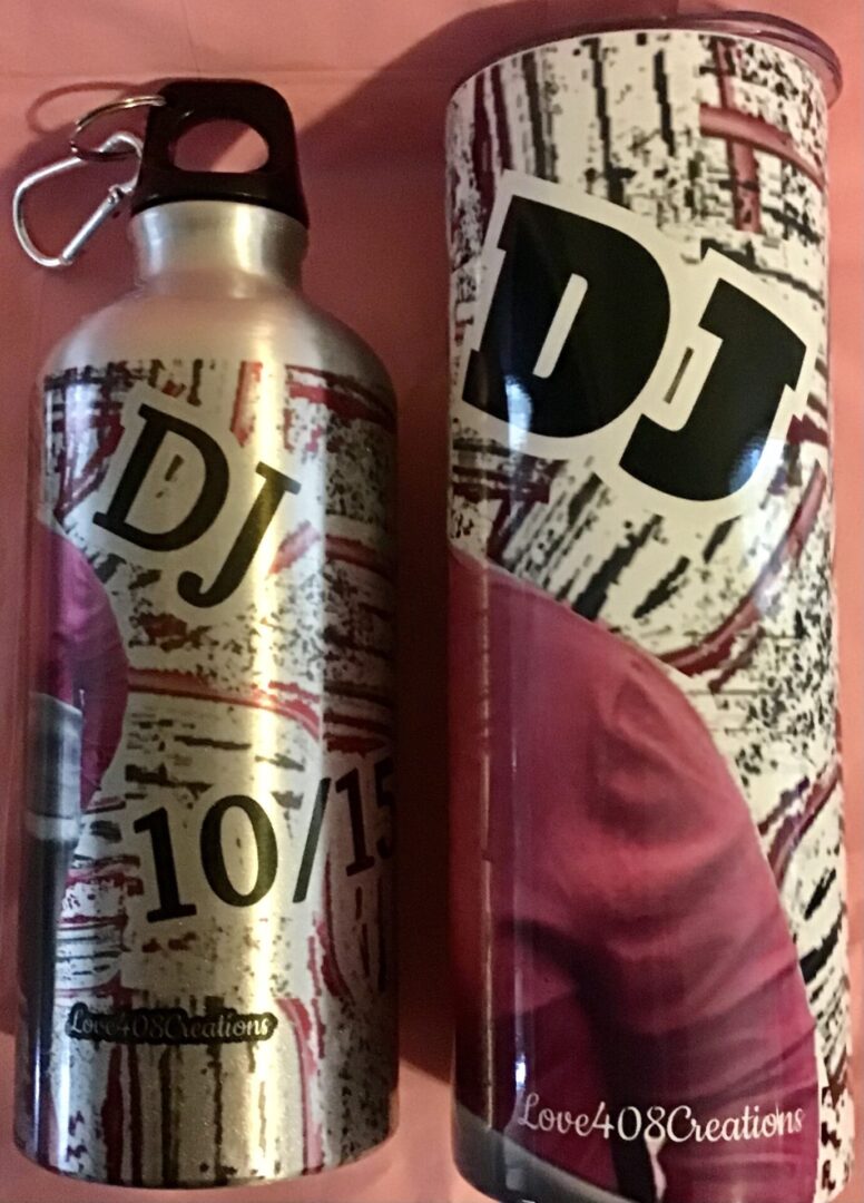 A bottle and case with the words dj 1 0 7 on it.