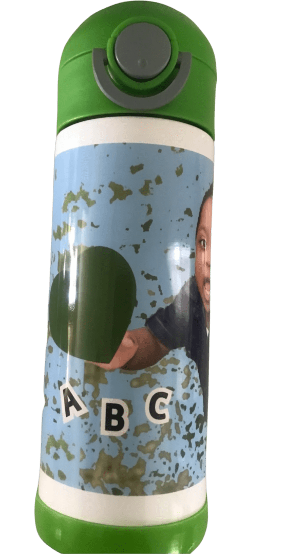 Child's water bottle with abc design and a world map motif.