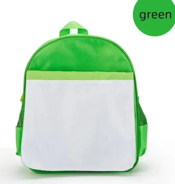A green backpack with white back and front.