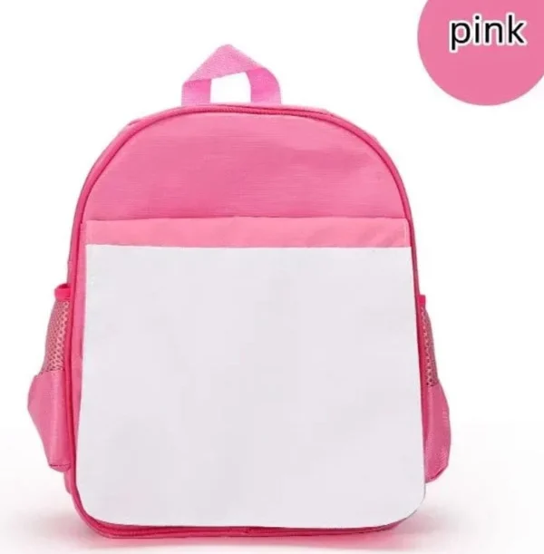 A pink backpack with white back and front.