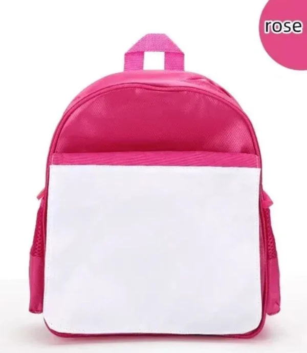 A pink and white backpack with two pockets.